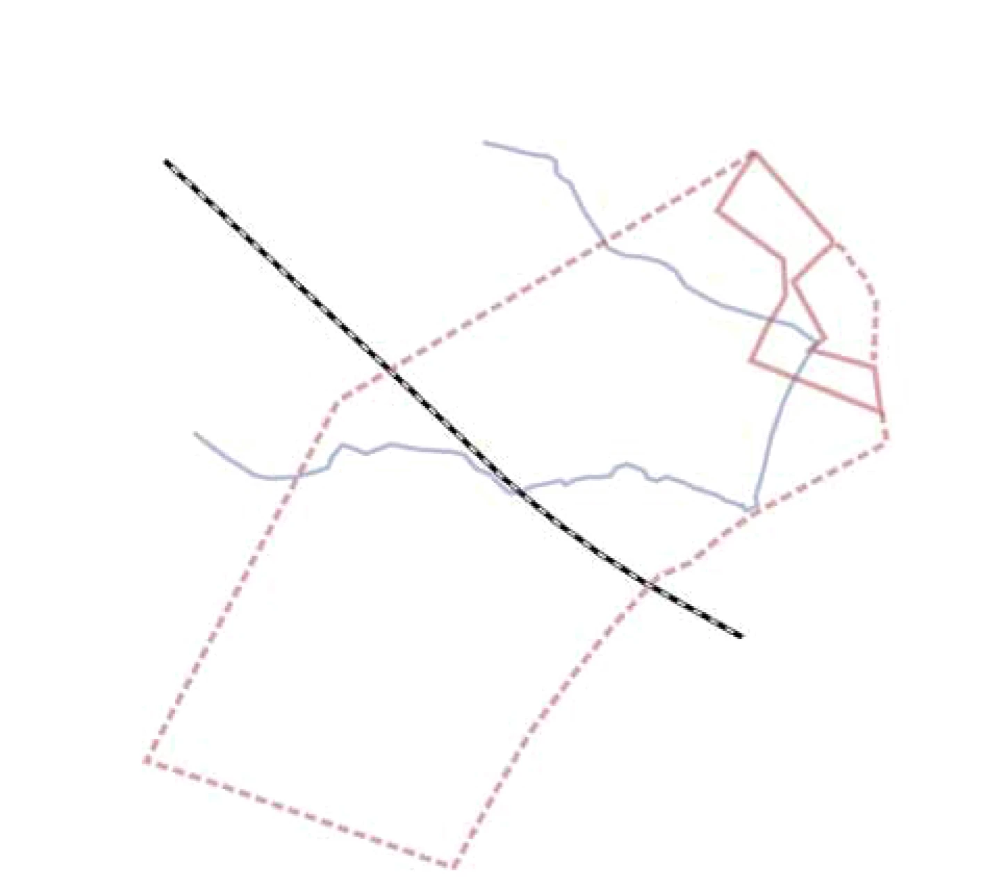 Analysis diagram: the site boundary, watercourses and the railway line dividing the site