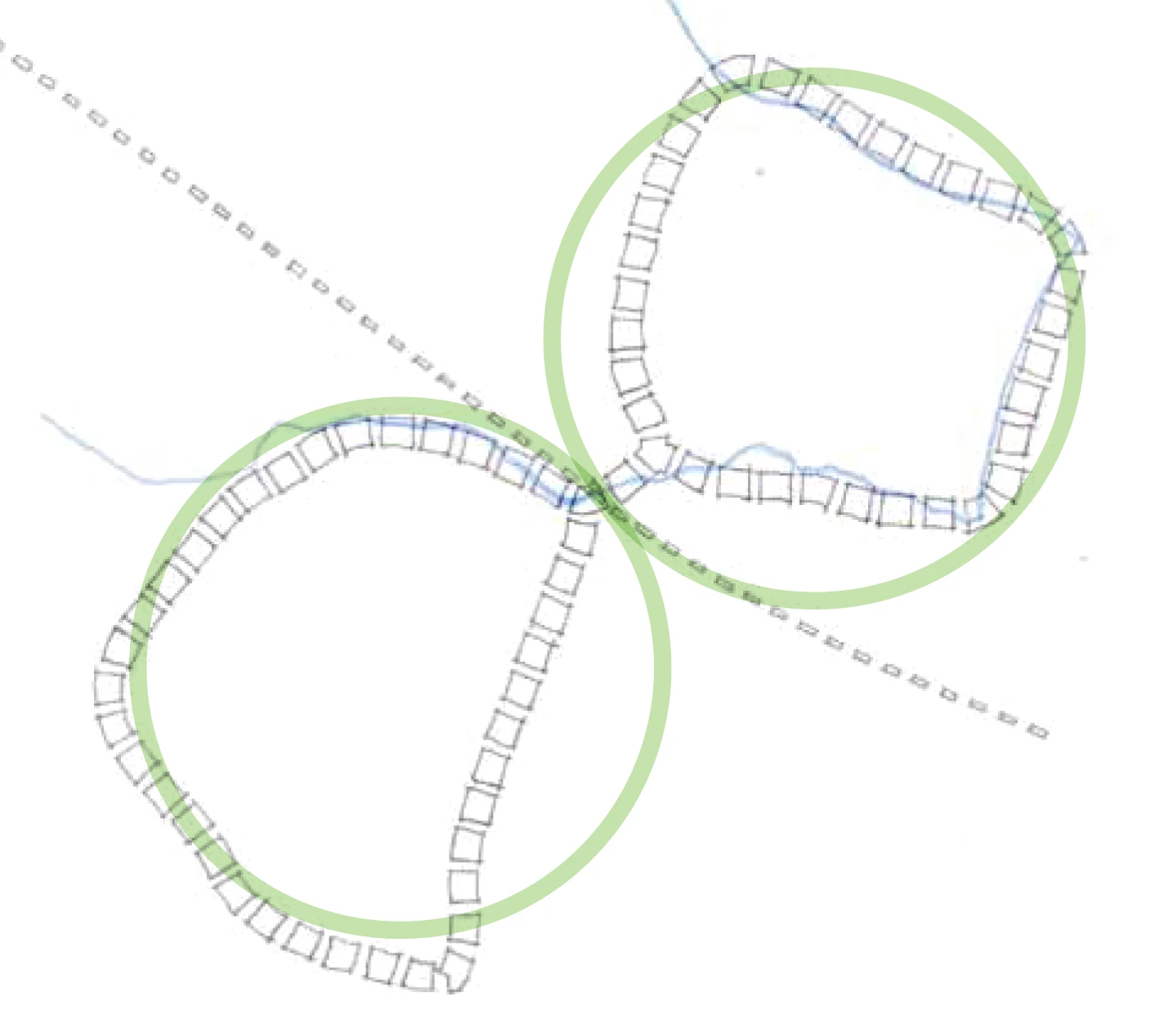 Sketch: two green circles of space either side of the railway