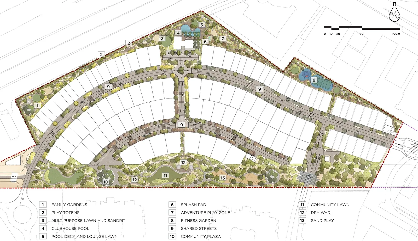 Landscape masterplan: villas along curved shared streets, with family gardens, play totems, the clubhouse pool, splash pad, adventure play, fitness garden, community plaza, community lawn, dry wadi and sand play numbered in the key