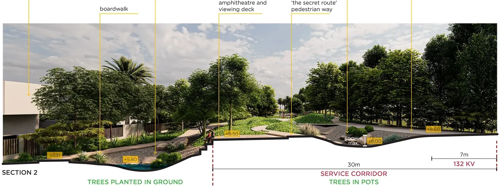 Section 2 through the wadi park: trees planted in the ground beside the 30 m service corridor with trees in pots