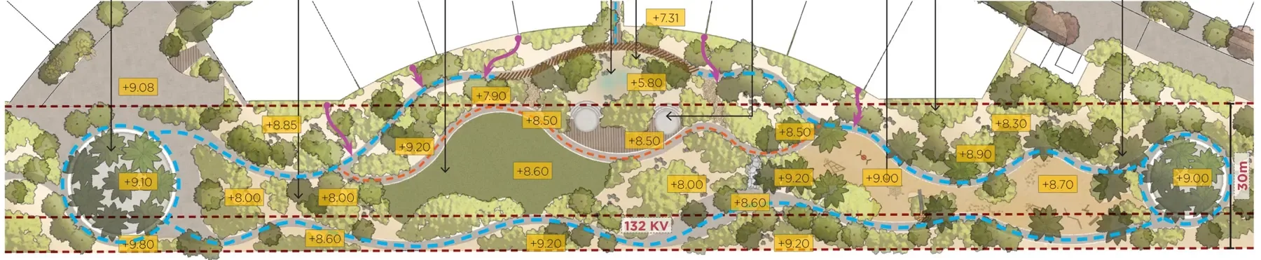 Wadi park plan within the 30 m utility corridor, with spot levels and the primary and secondary pedestrian routes
