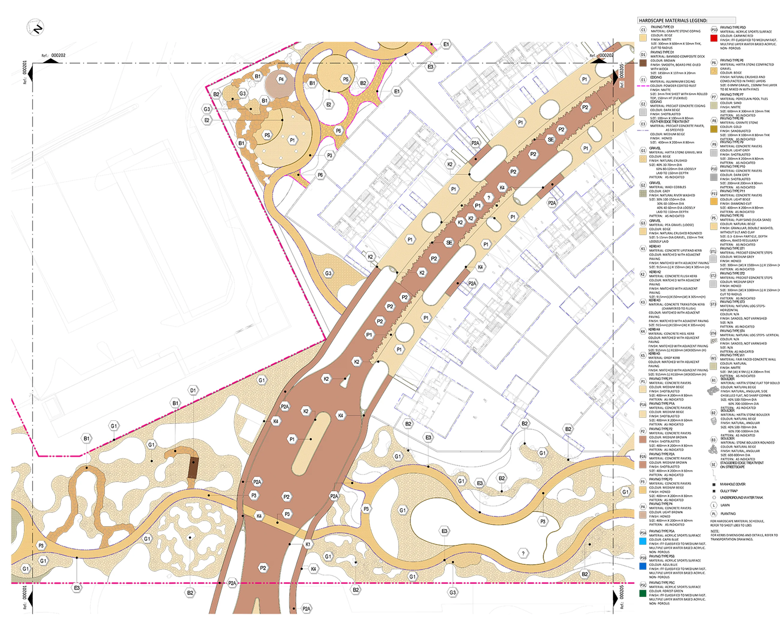 Hardscape materials plan in full: the paved spine road, park paths, gravel areas and decking across the wadi park, each surface tagged with its material code, with the materials legend