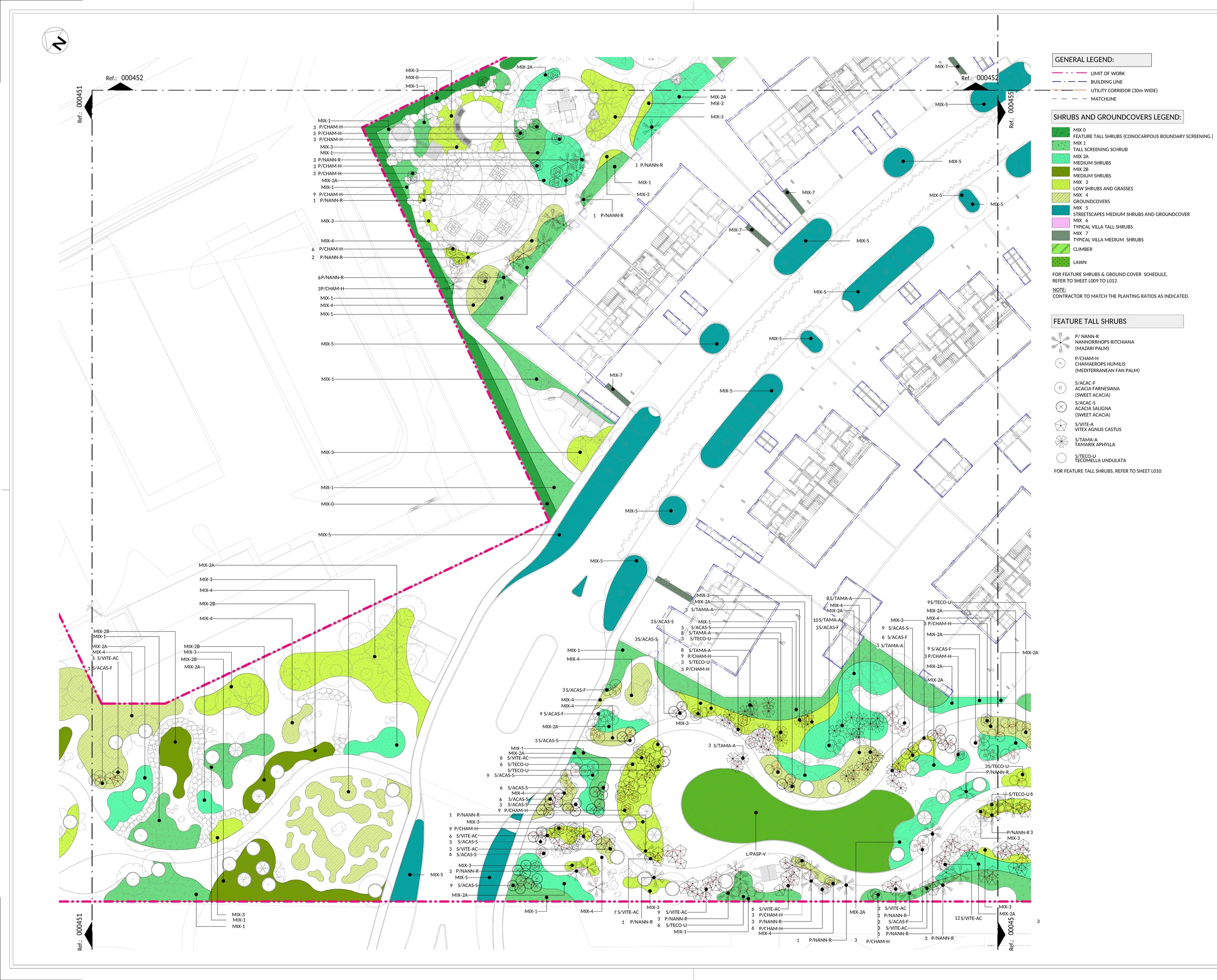 Shrub and groundcover planting plan in full, same area: planting mixes in layers of colour, with the planting legend