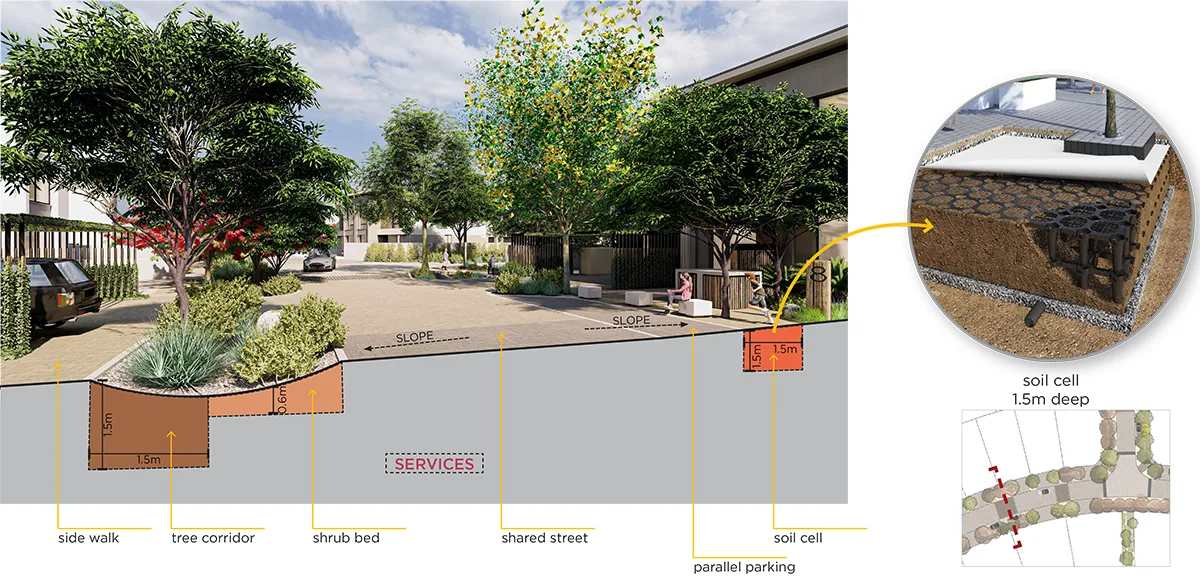 Shared street section: sidewalk, tree corridor, shrub bed, shared street and parallel parking above the services, with a 1.5 m deep soil cell detail for street trees