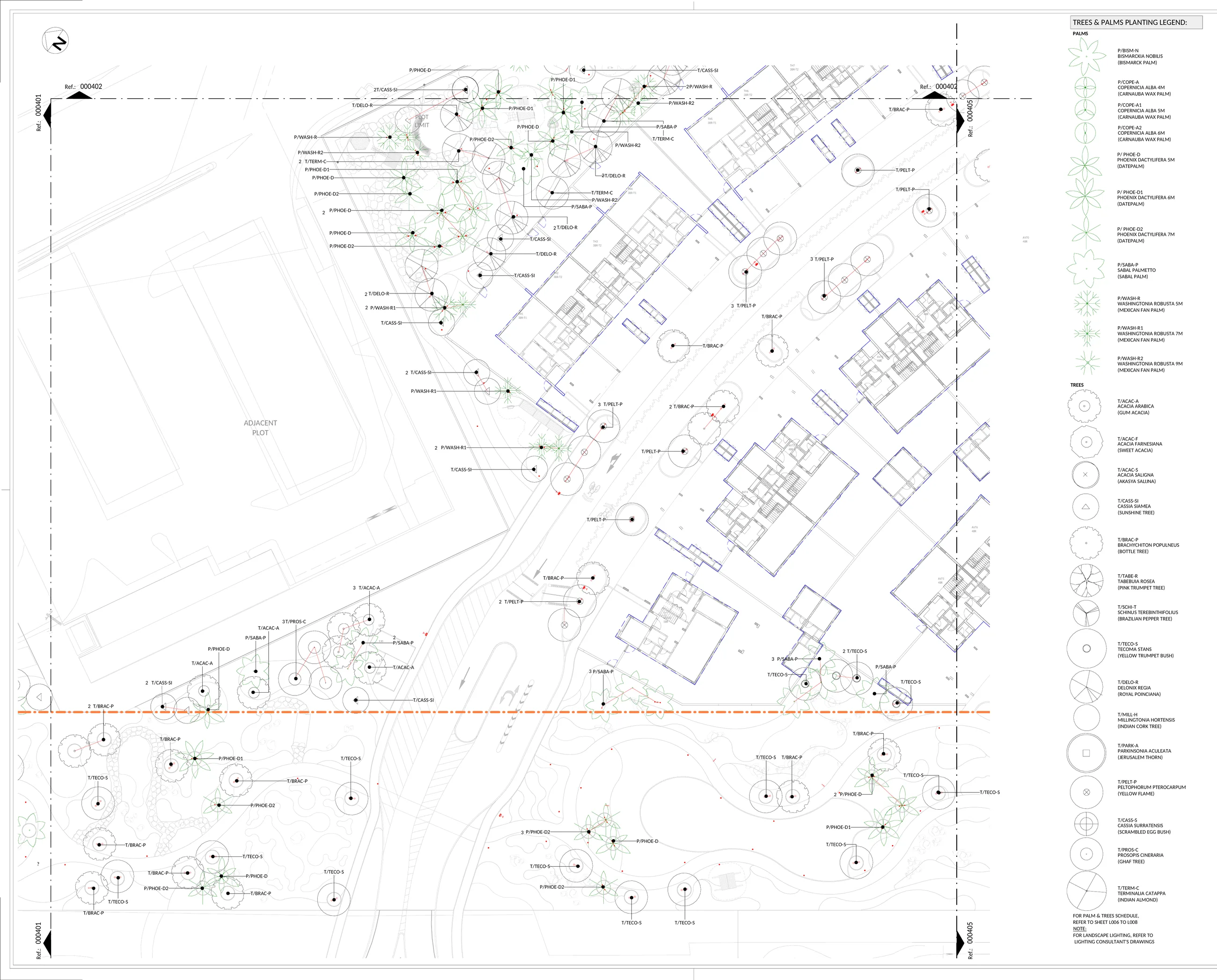 Palm and tree planting plan in full, same area: trees and palms tagged by species around the villas and through the park, with the planting legend