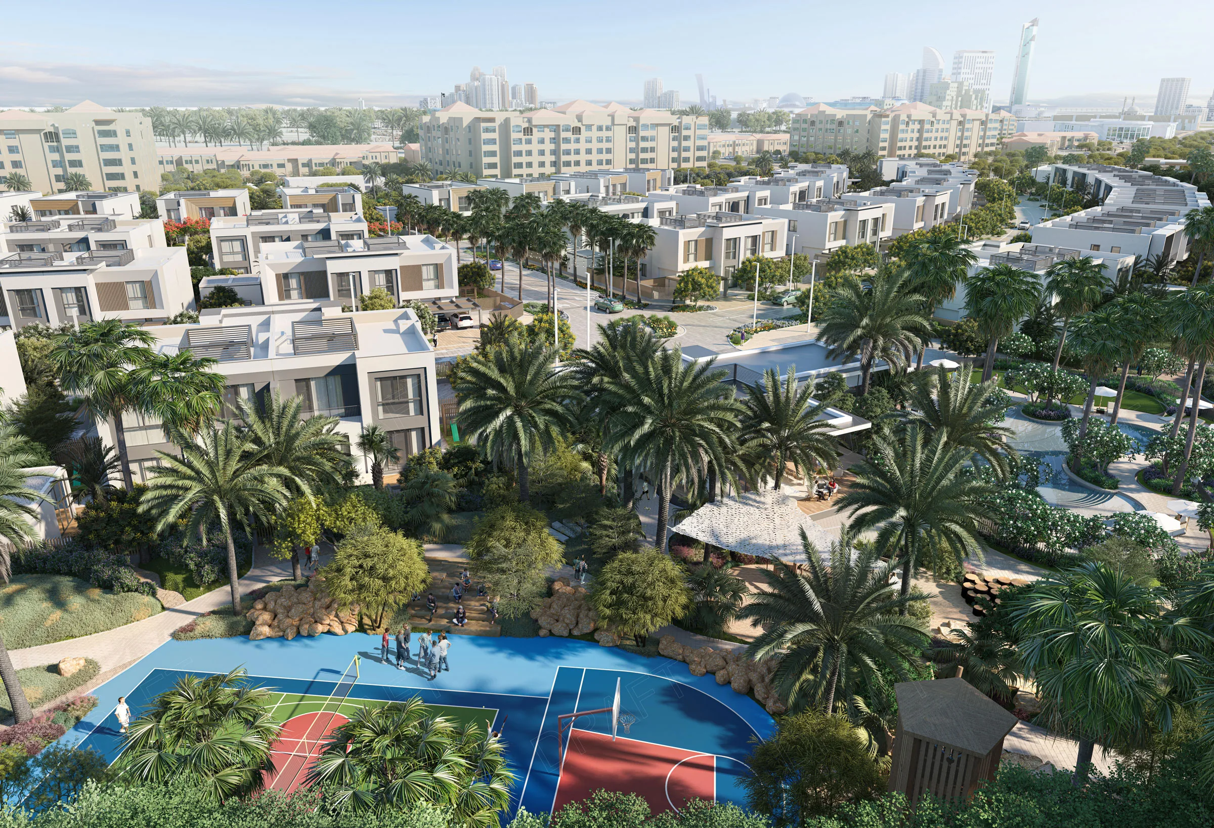 Aerial visual of the villas, shared streets and planted communal spaces, with a sports court and palms in the foreground