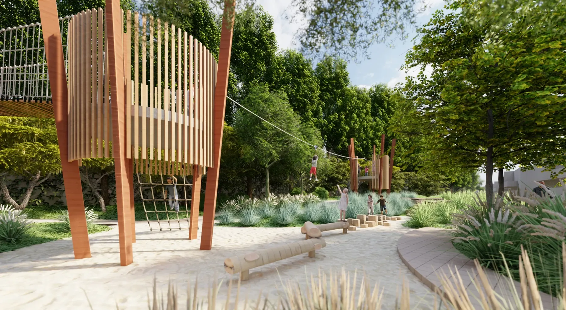 Visual of a children's play area: timber play towers and a sand play space under trees