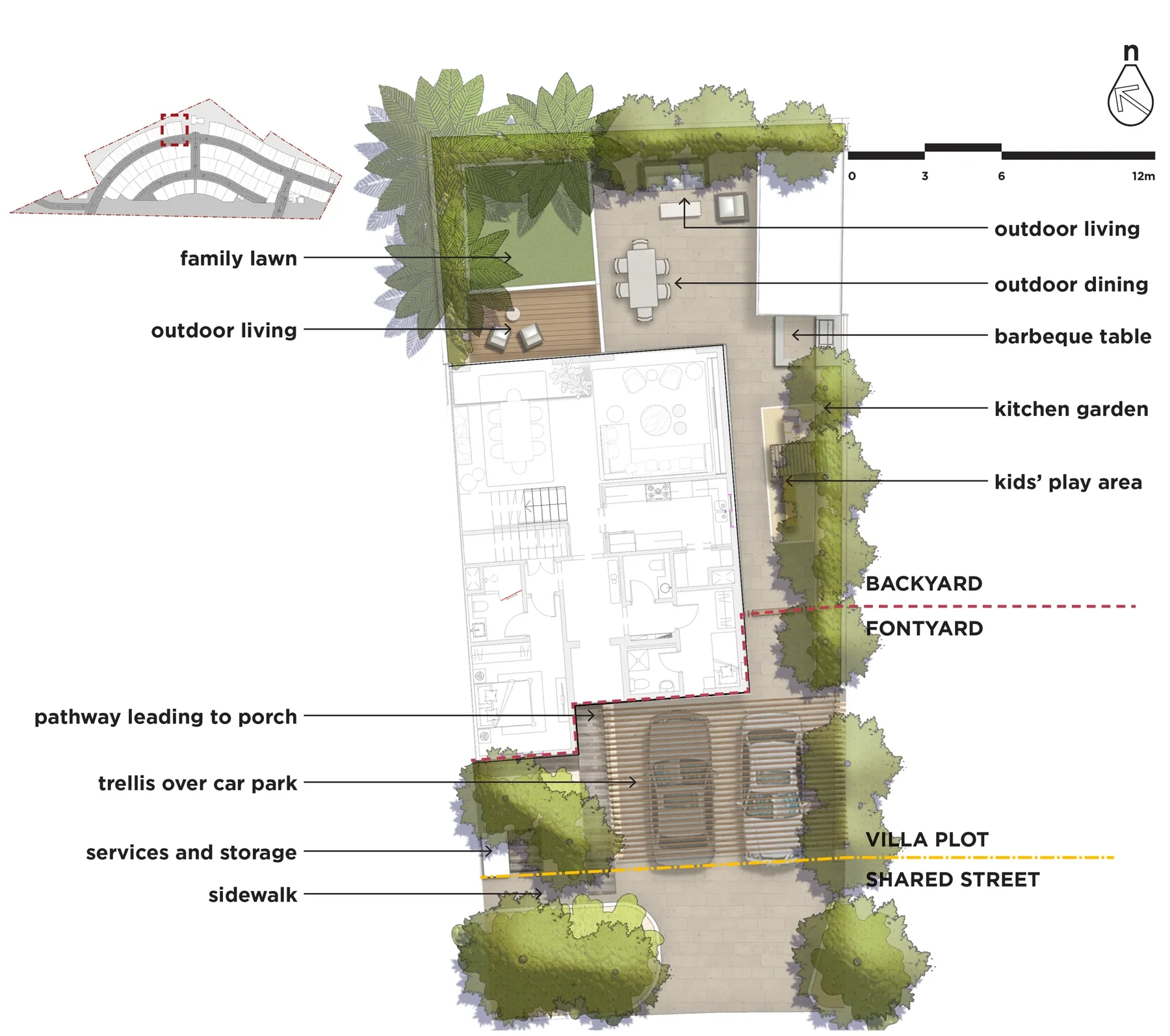 Typical four-bedroom villa garden plan: family lawn, outdoor living and dining, barbecue table, kitchen garden and kids' play area in the backyard; trellis over the car park, pathway to the porch, services and storage in the front yard