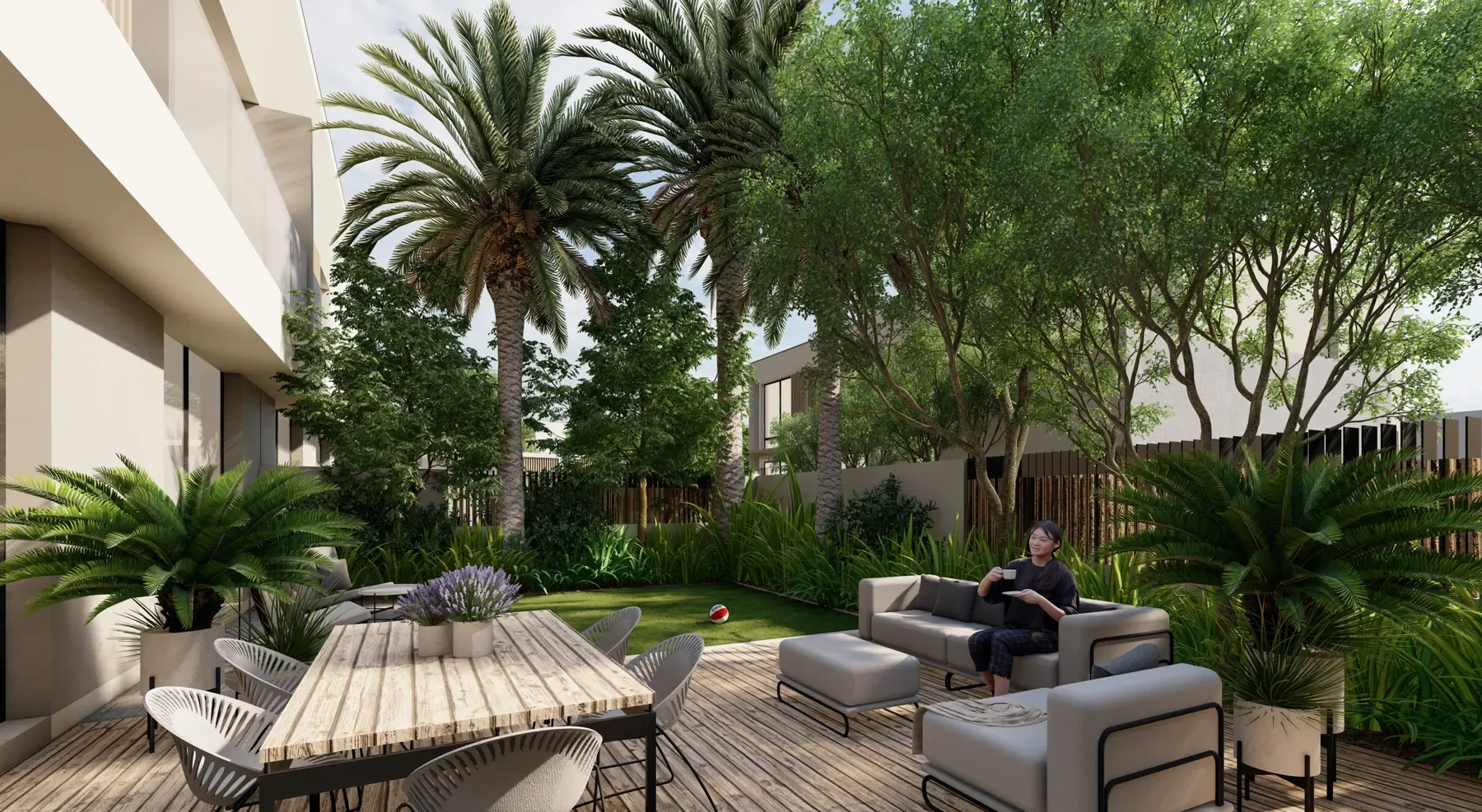 Visual of a four-bedroom villa's rear garden: timber deck, lounge seating and dining under palms