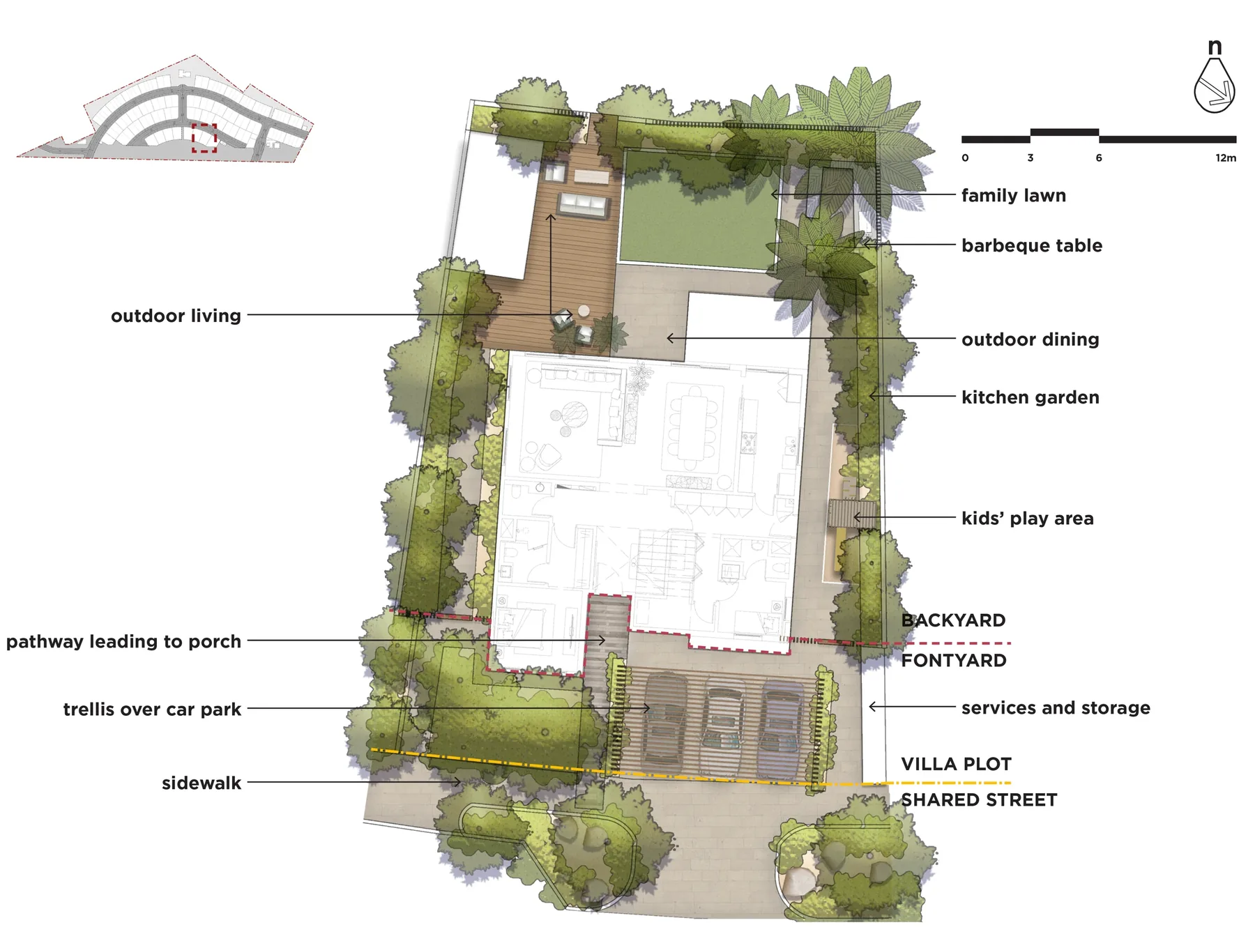 Typical five-bedroom villa garden plan: family lawn, barbecue table, outdoor living and dining, kitchen garden and kids' play area in the backyard; trellis over the car park, pathway to the porch, services and storage in the front yard