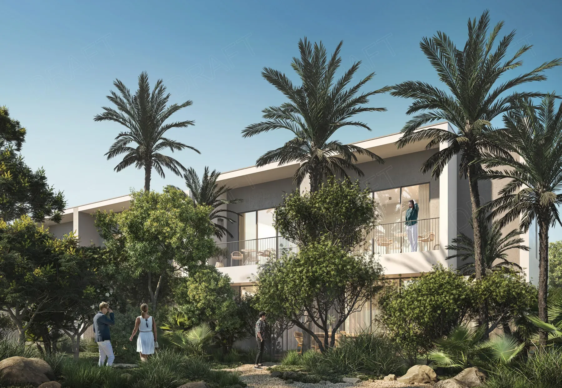 Visual of a five-bedroom villa's rear garden with palms and planting