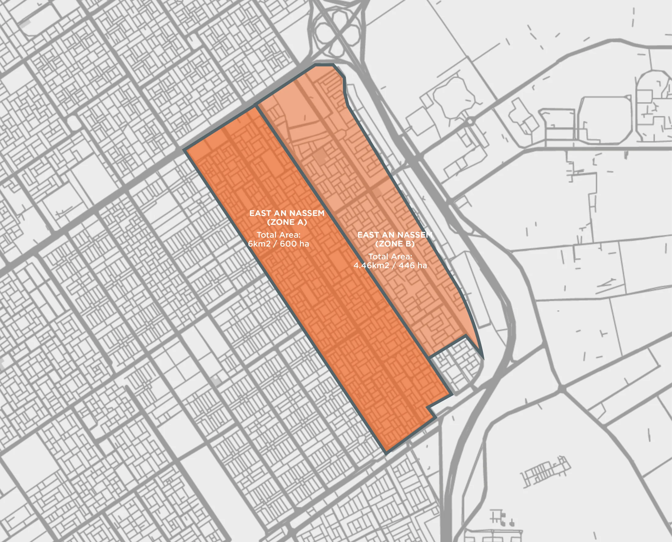Project context: the East An Naseem project area in two parts, zone A and zone B, within the surrounding street grid