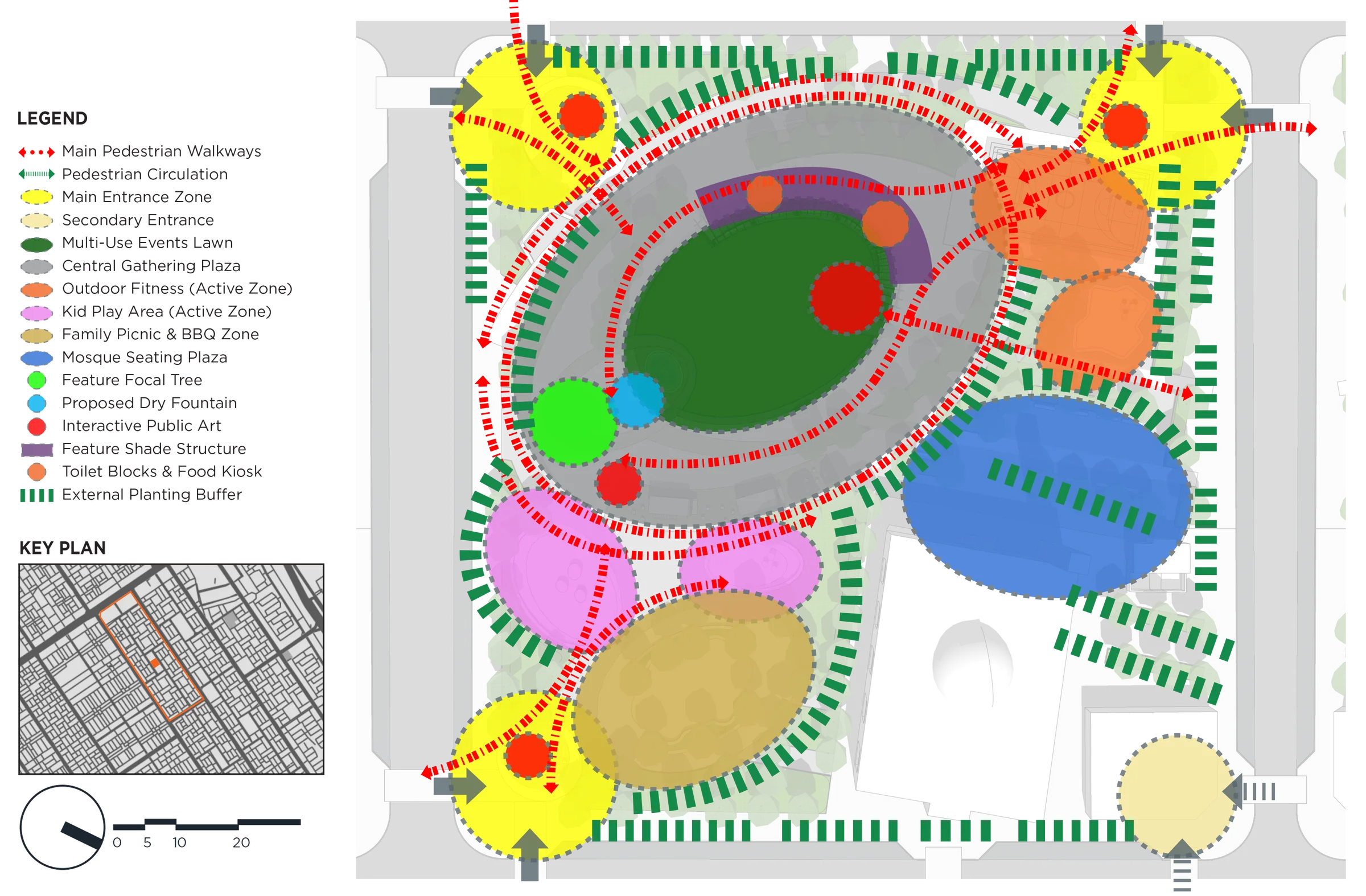 Neighbourhood park programme: entrances, events lawn, gathering plaza, play, fitness, picnic areas, mosque seating plaza and planting buffer