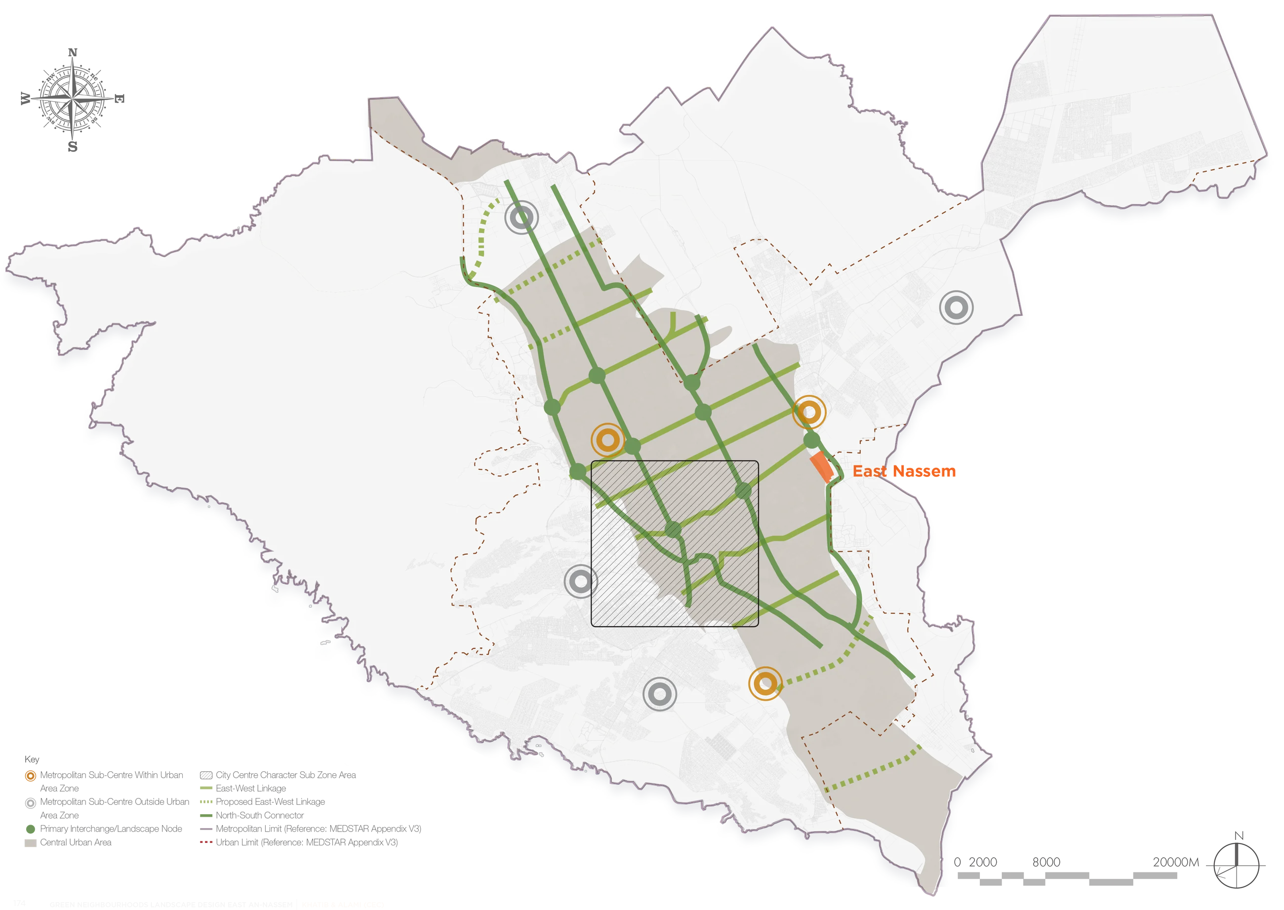Softscape strategy: green links and planted corridors across Riyadh, with East An Naseem marked