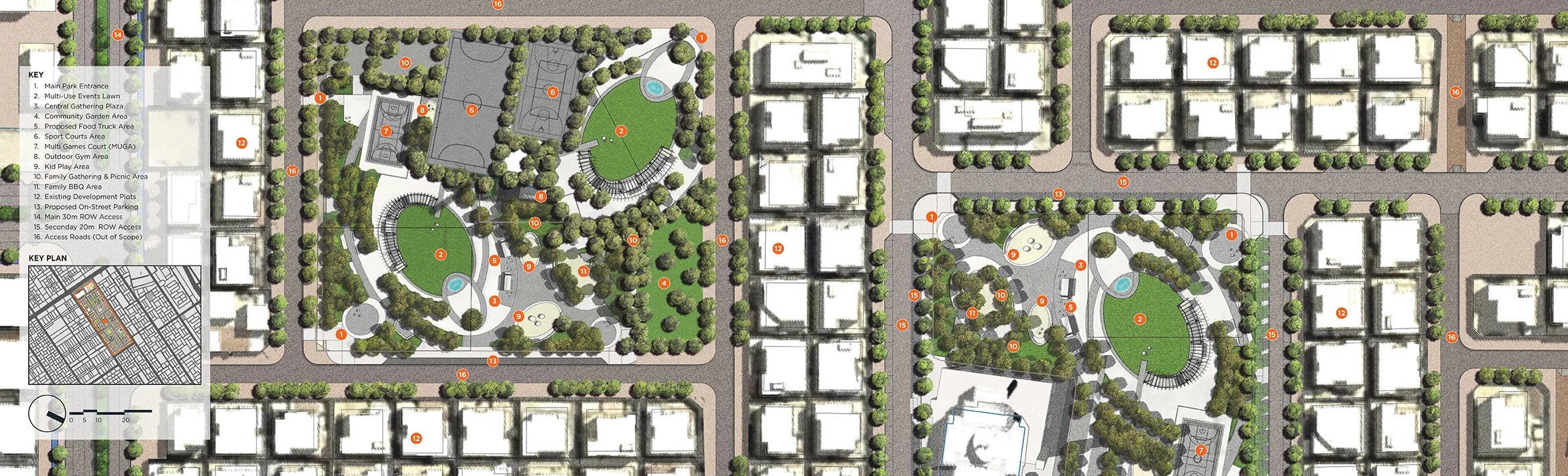 Blow-up area 1: neighbourhood park and residential block interface, proposed street and park layout