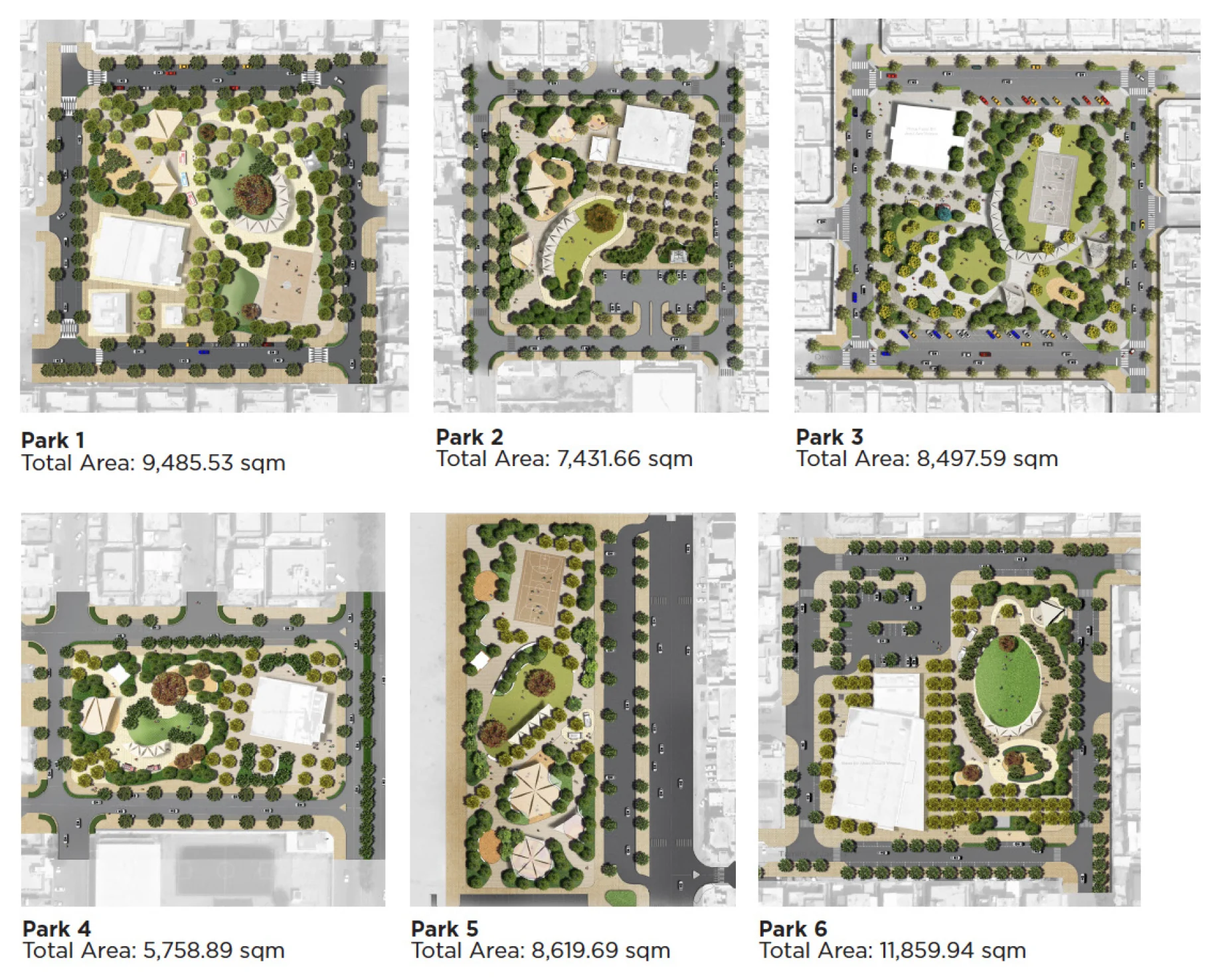 Design development of parks 1 to 6, with their areas