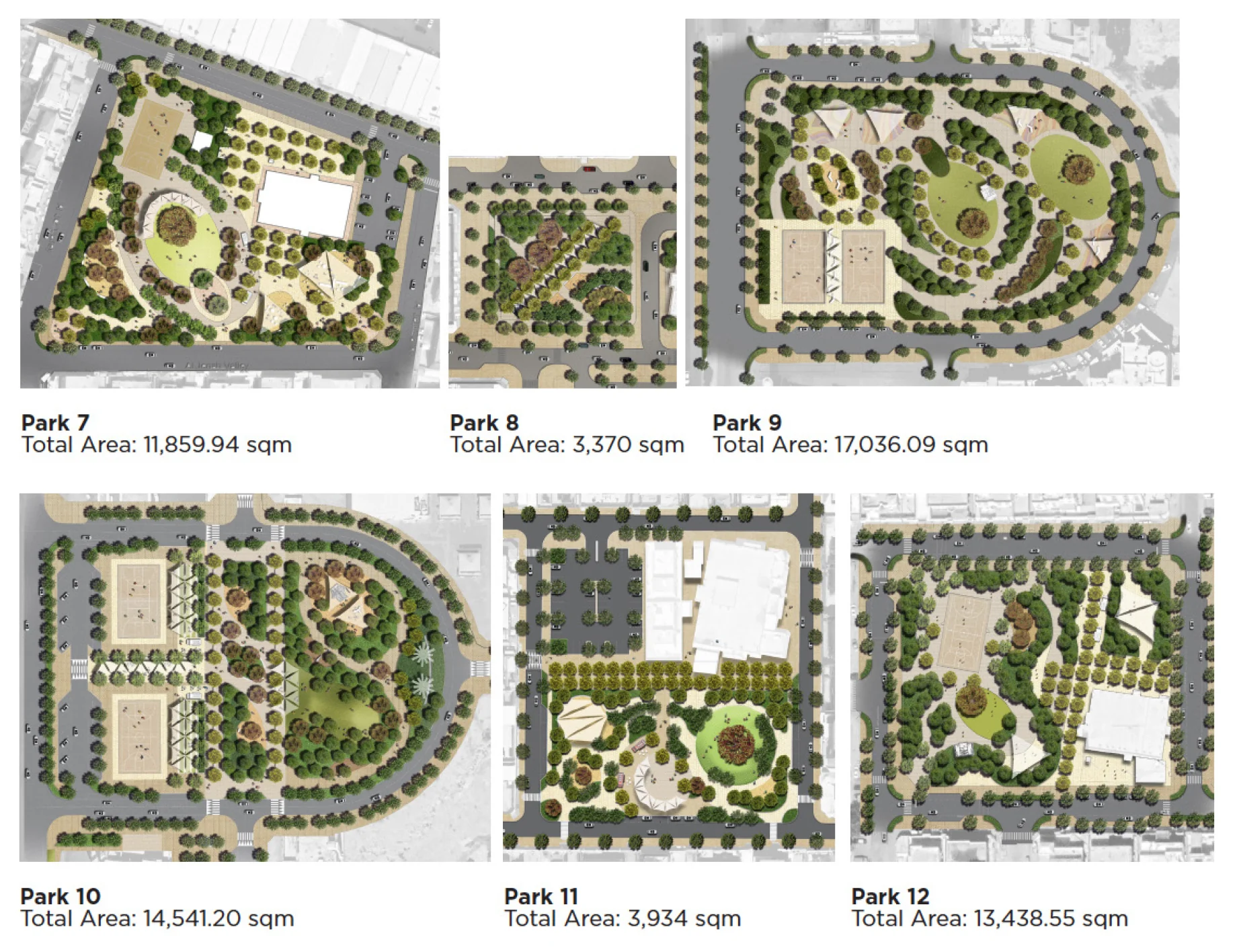 Design development of parks 7 to 12, with their areas
