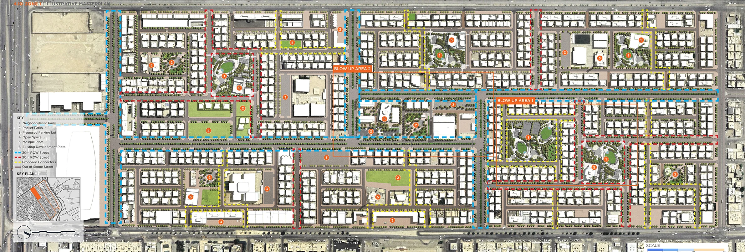 Zone 1 illustrative masterplan, with blow-up areas 1 and 2 marked