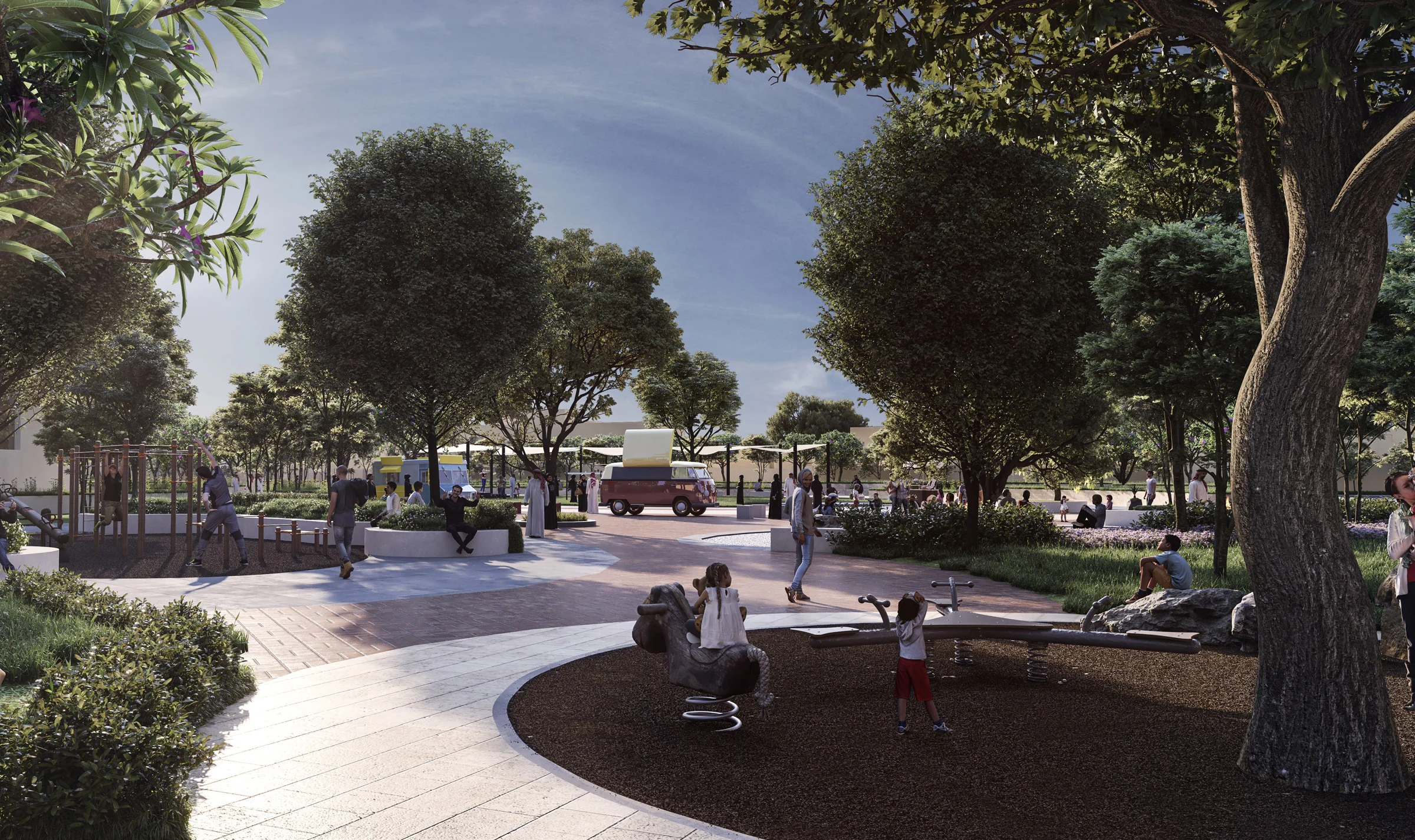 Visual of a neighbourhood park: children on spring riders, outdoor fitness and food trucks around a tree-shaded plaza