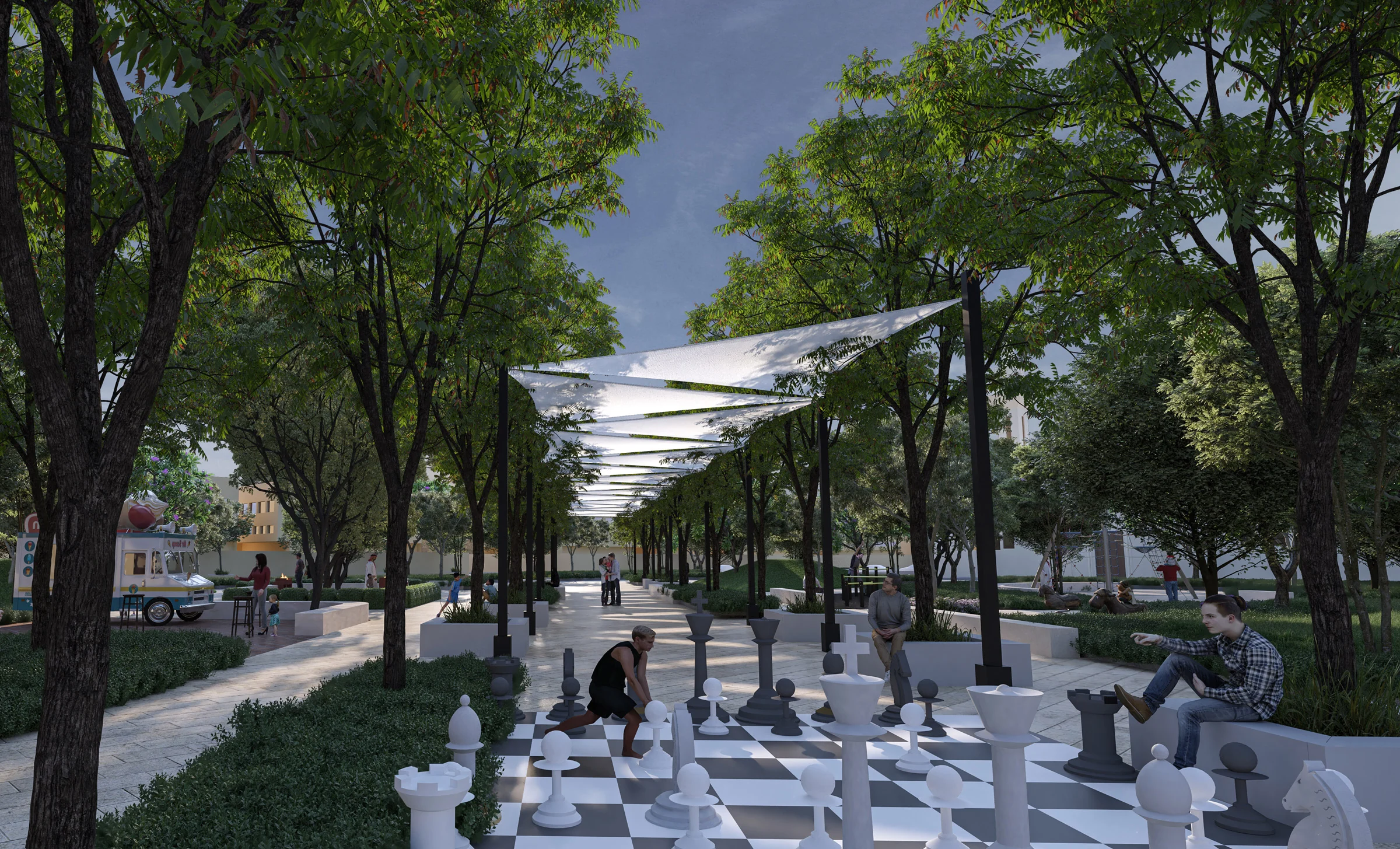 Visual of a tree-lined promenade under a shade structure, with a giant chess board and seating