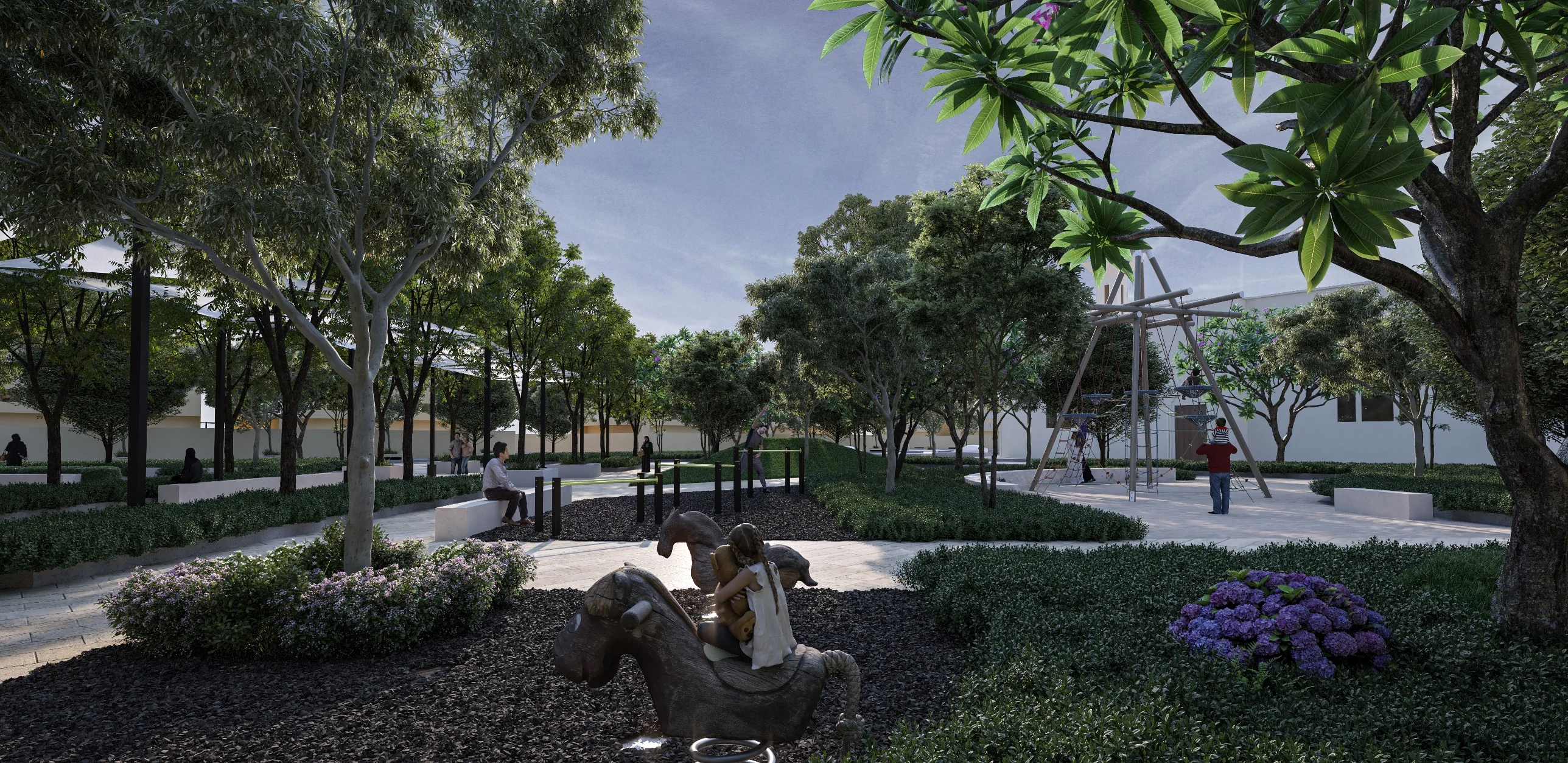 Visual of a play area among trees and low planting, with a climbing frame and shaded seating