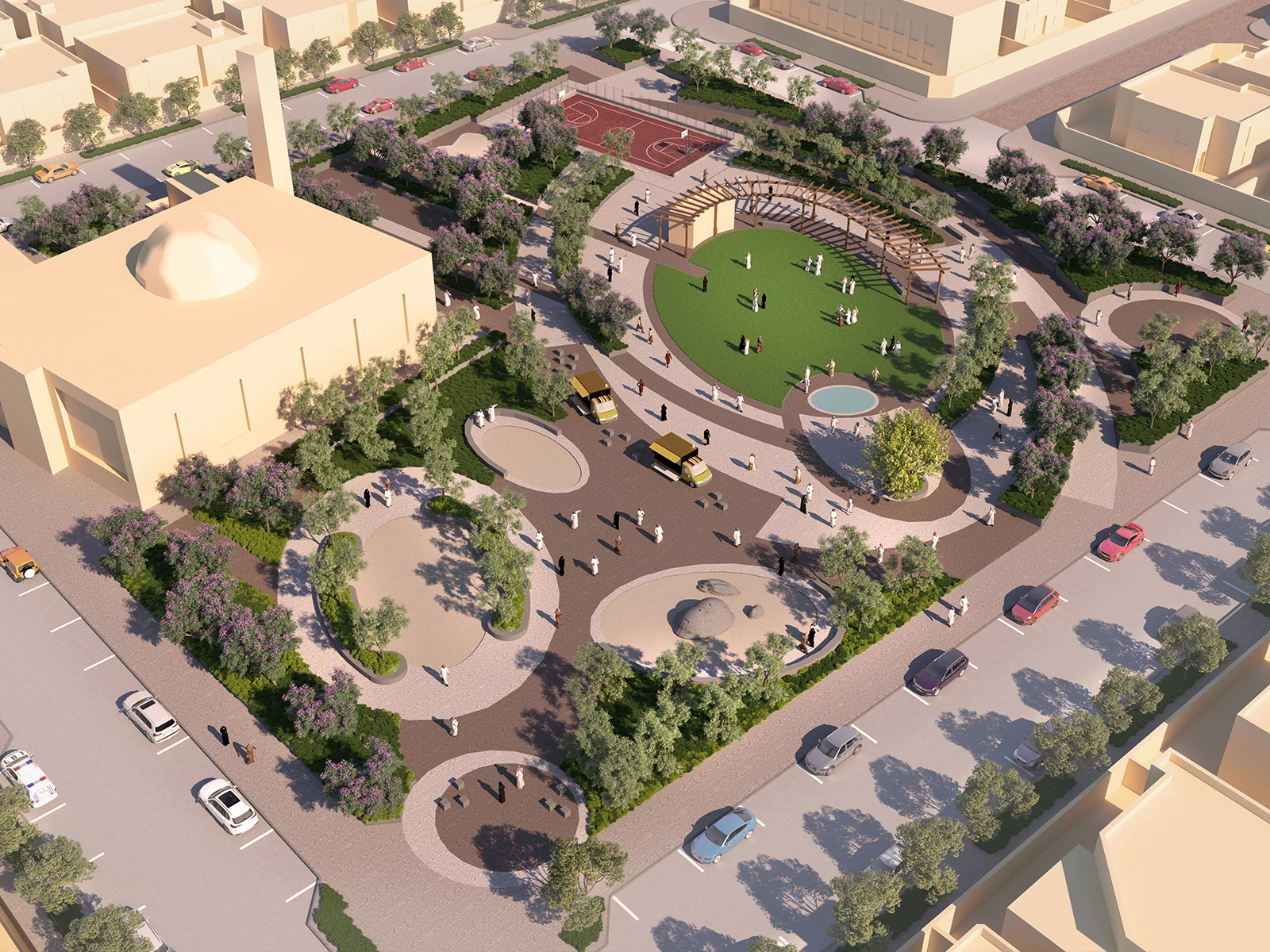 Aerial visual of the neighbourhood park beside the mosque