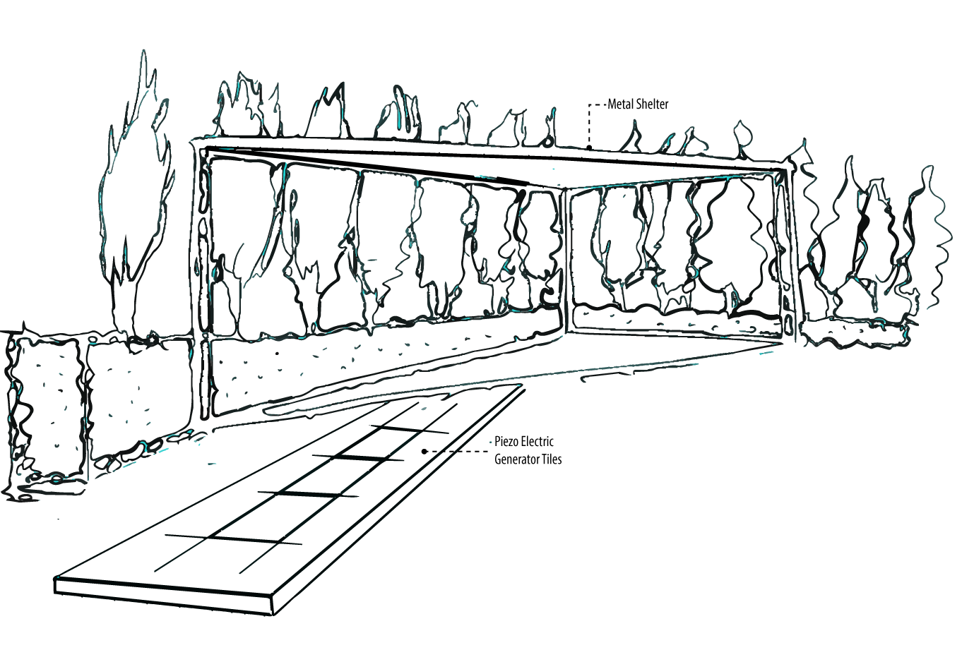 Pen perspective of the metal shelter over the walk, with piezo-electric generator tiles, lined with columnar trees