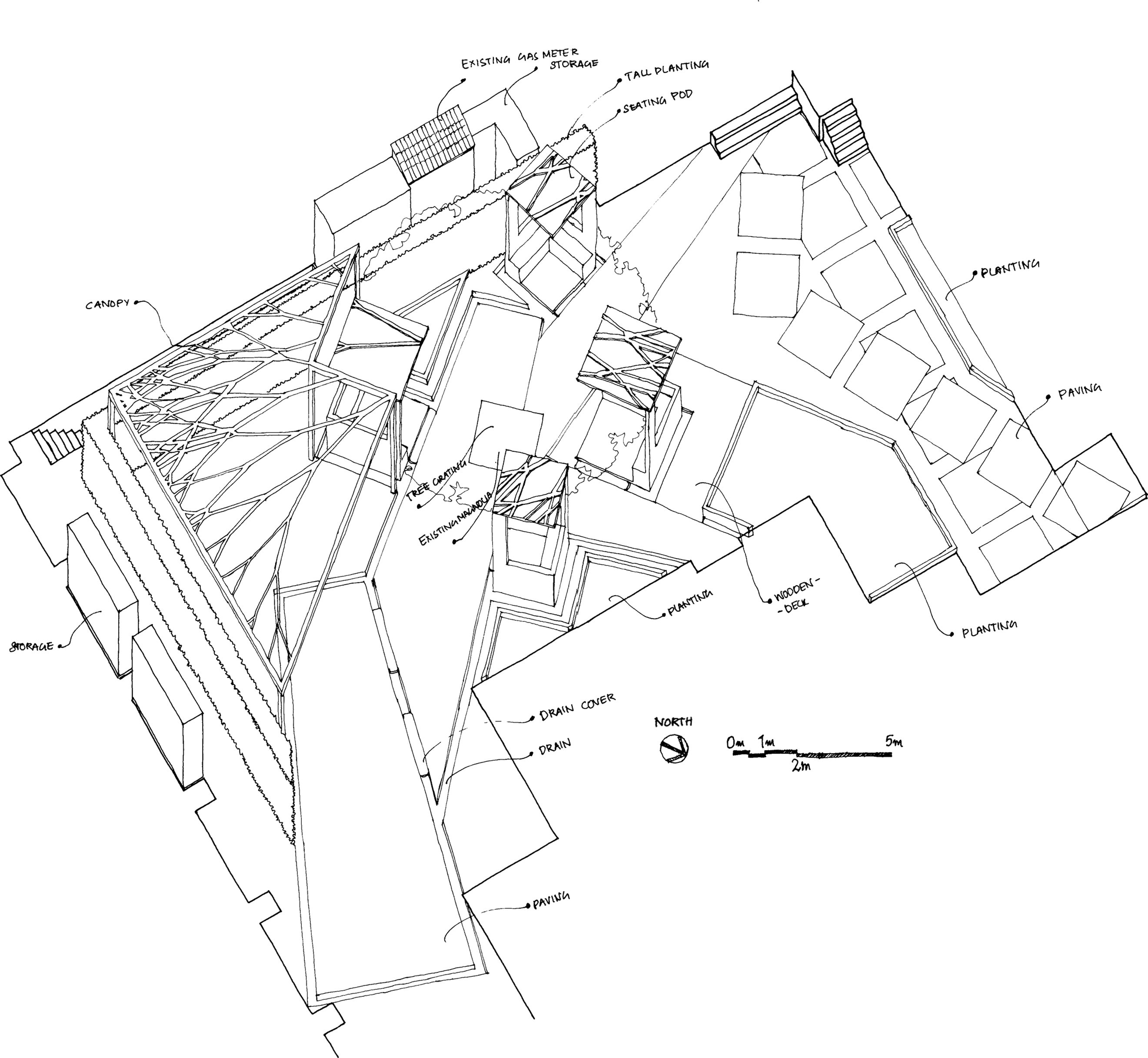 Annotated axonometric of the courtyard: canopy, seating pods, planting and drainage