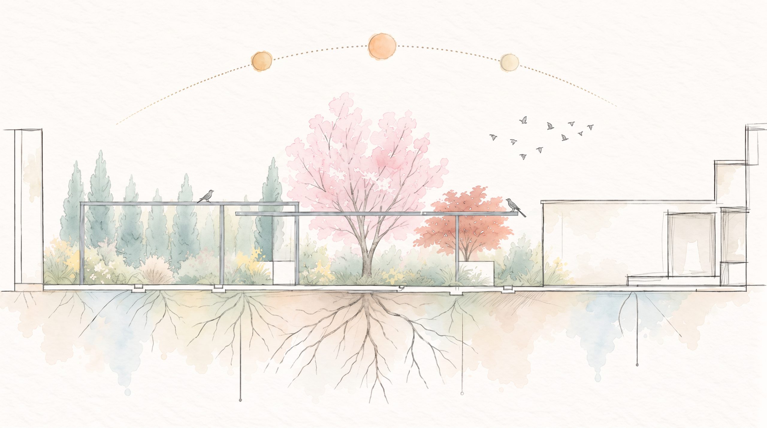 Section A–A' through the courtyard: the magnolia, pergola, seating pods, planting, roots and the sun's path
