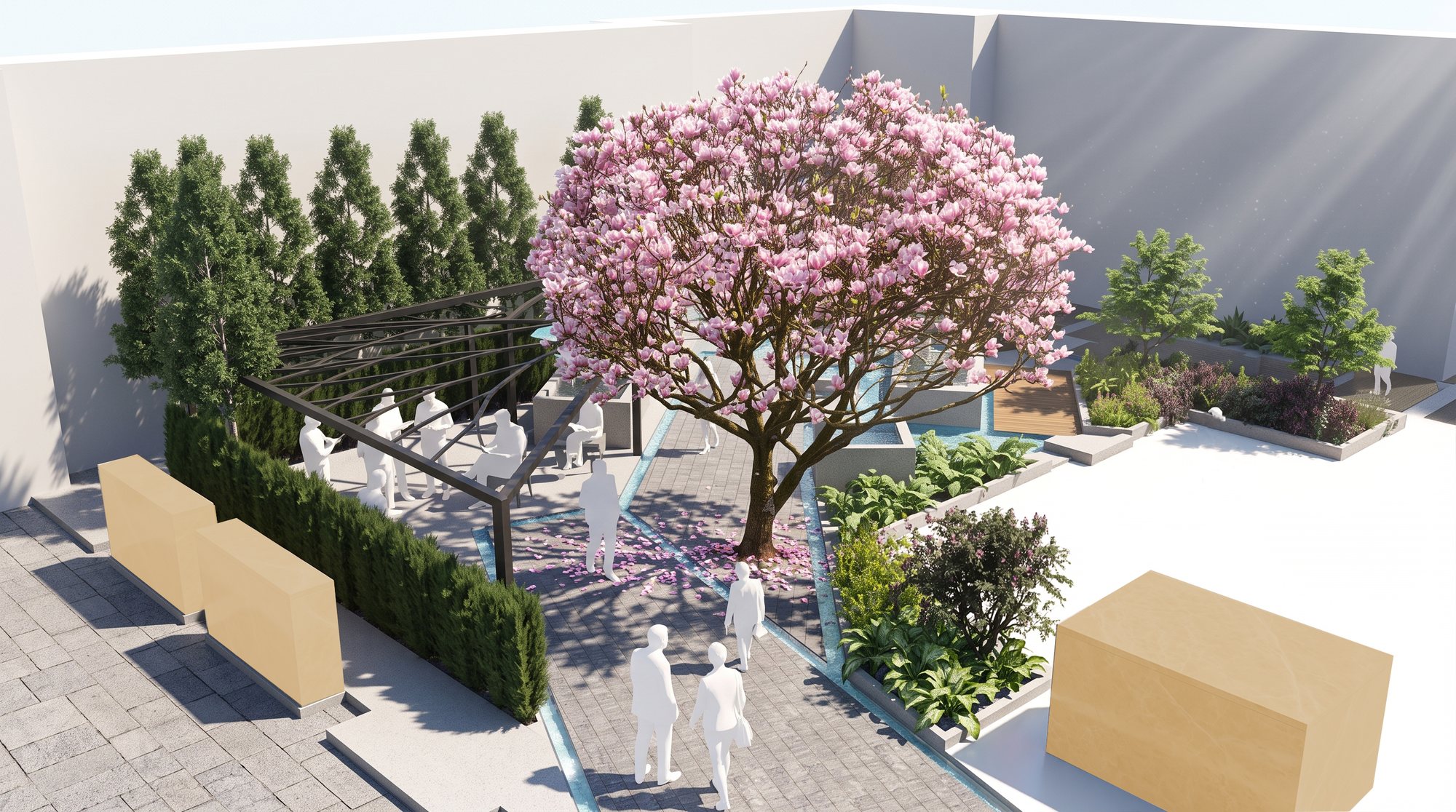 Visual of Magnolia Court: seating pods, a branching canopy and blue SuDS channels around the existing magnolia tree